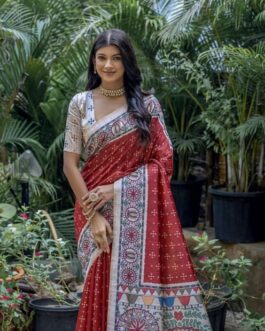 Red Madhubani Saree