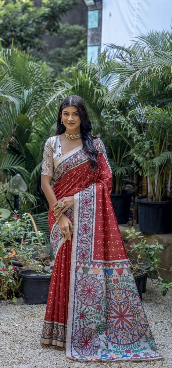 Isak Red Printed Saree