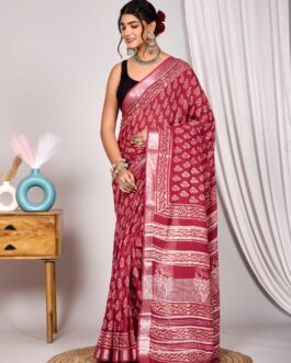 Pure Hand Block Dark Red Linen Cotton Saree