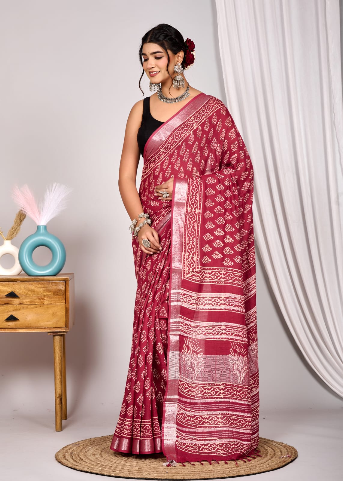 Dark Red Linen Cotton saree