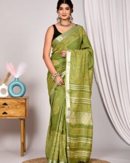Pure Hand Block Green Linen Cotton Saree