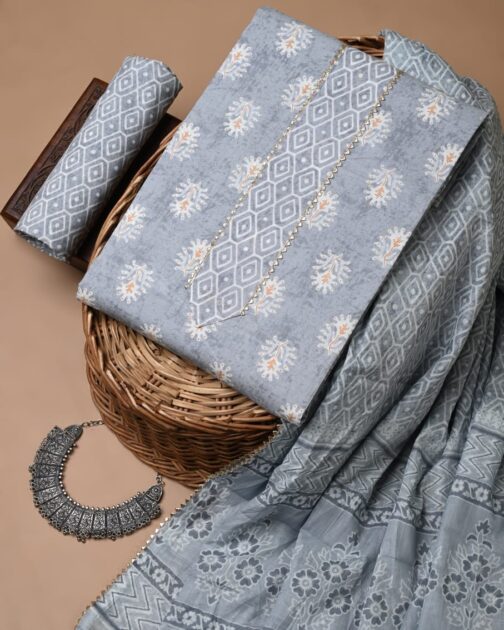 Grey Unstiched Hand Block Dress Material