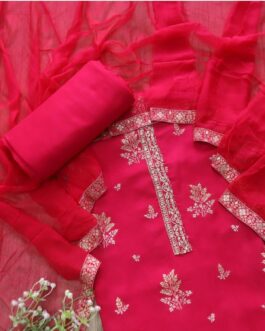 Three Piece Rani Pink Silk Dress Material