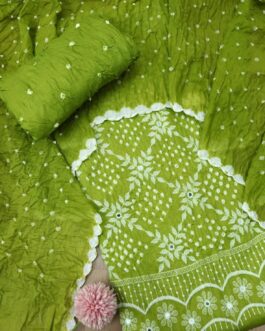 Three Piece Green Bandhej Cotton Dress material