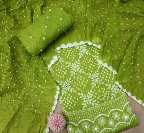 Three Piece GreenBandhej Cotton Dress material